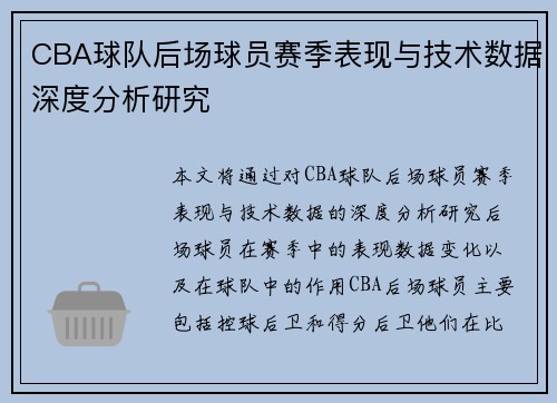 CBA球队后场球员赛季表现与技术数据深度分析研究